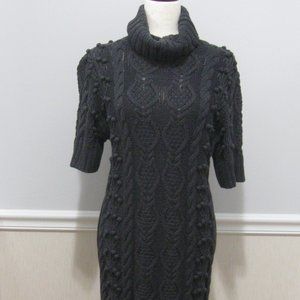 Turtle Neck Aran Cable Knit Sweater Dress Charcoal Gray Knee Length sz M
